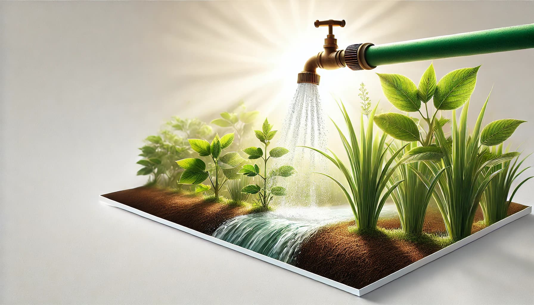 Irrigation watering a field of young crops