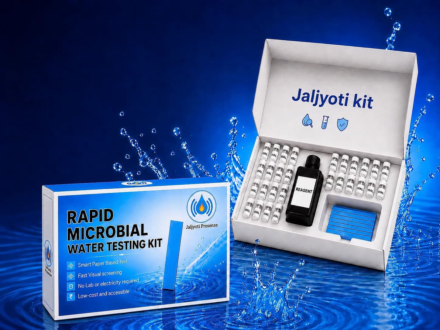 The rapid microbial water testing kit — reagent, strips and colour chart in one field-ready box.